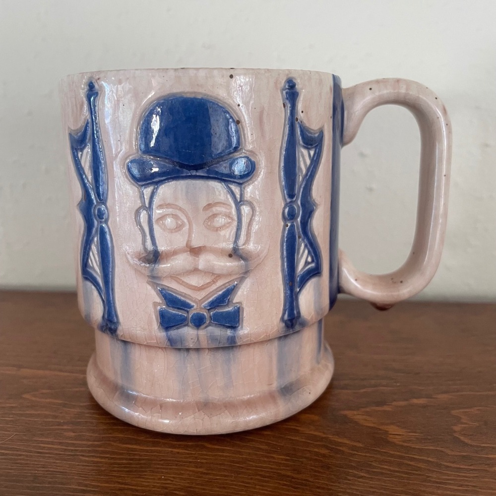 Vintage 70s Mustache Man Shaving Cream Mug Cup Ceramic Artisan Made 1970s
